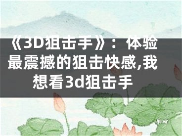 《3D狙擊手》：體驗最震撼的狙擊快感,我想看3d狙擊手